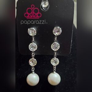 paparazzi Silver-Tone Crystal & Pearl Linear Drop Earrings